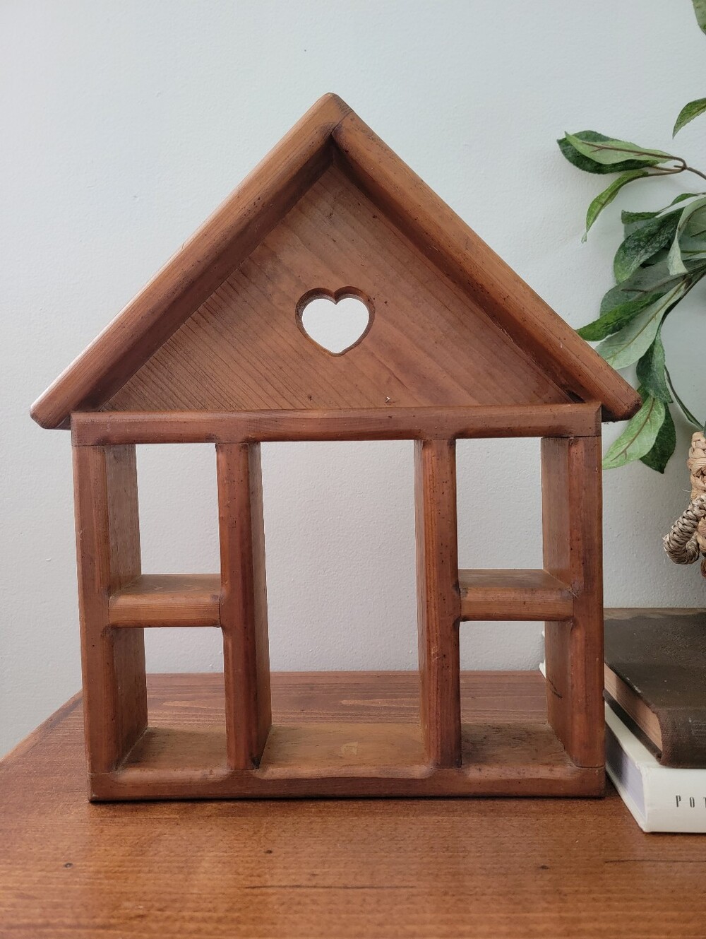 Vintage 80s Heart Cutout House Shaped Wall Trinket Knick Knack Pine Wood Shelf